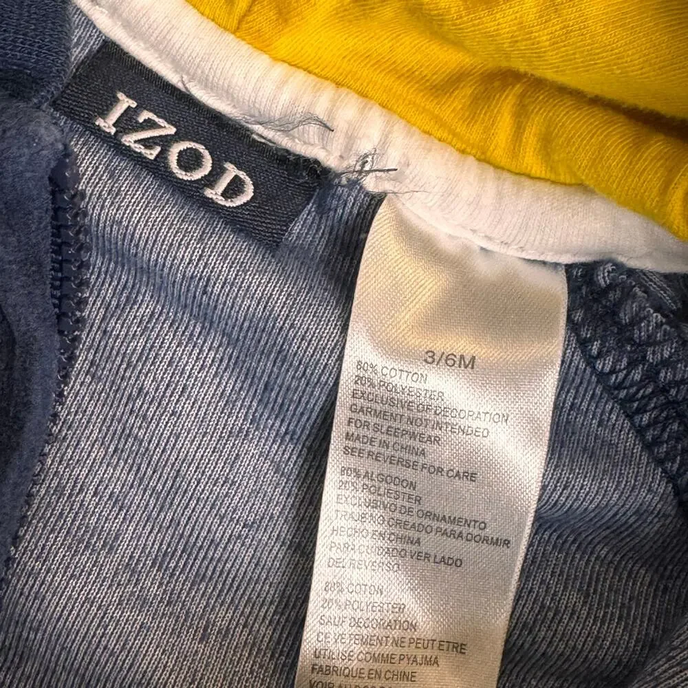 Izod Baby Boy Navy Velour Zip Hoodie Jacket Yellow Accent 3-6M